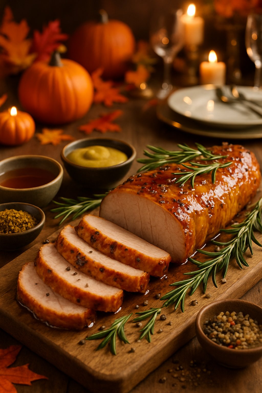 Sliced honey mustard glazed pork tenderloin on a wooden cutting board with fresh herbs and small bowls of ingredients, set in a warm, autumn-themed kitchen.