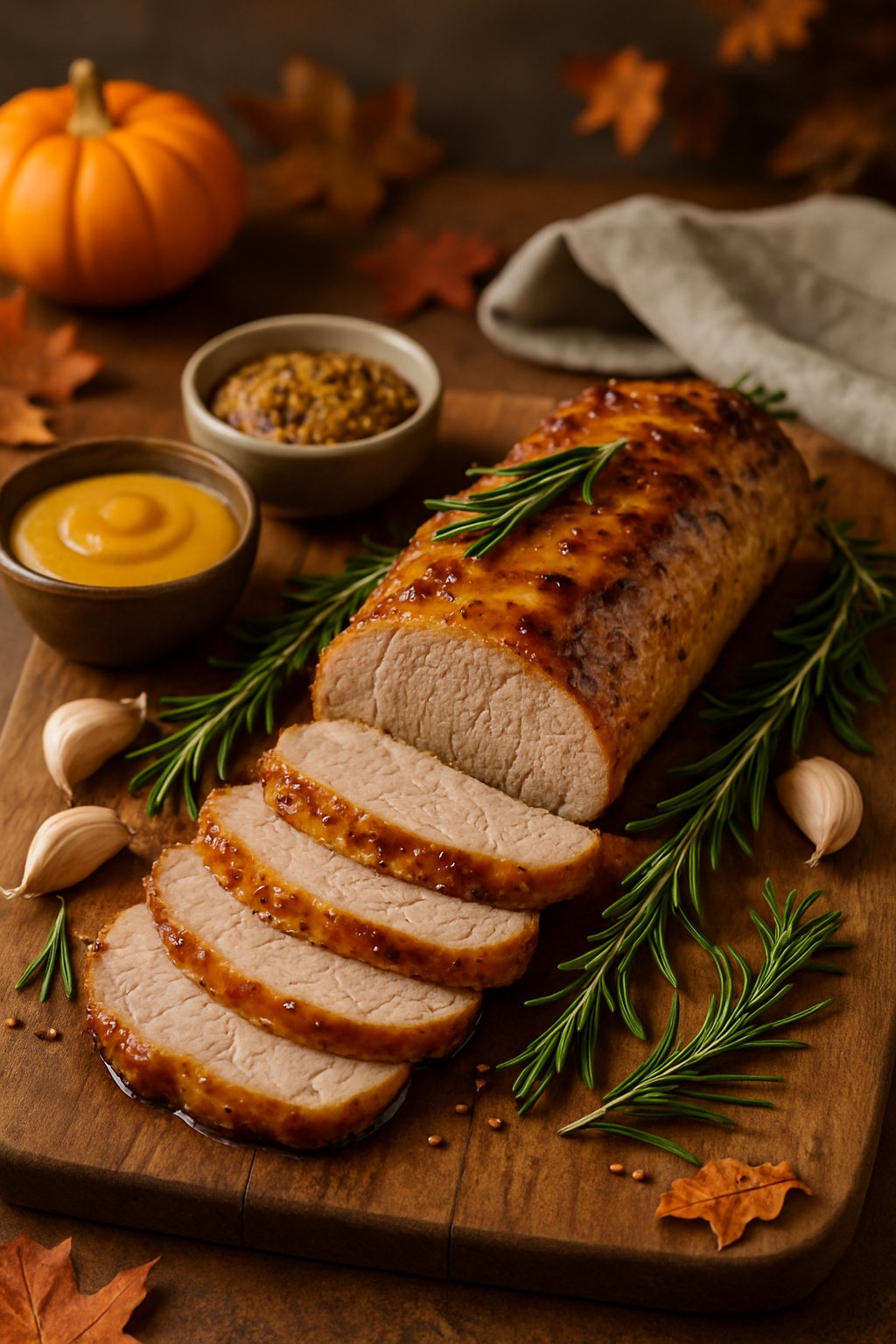 Sliced honey mustard glazed pork tenderloin on a wooden cutting board with rosemary, garlic, and small bowls of mustard sauce in a cozy kitchen setting with fall decorations.