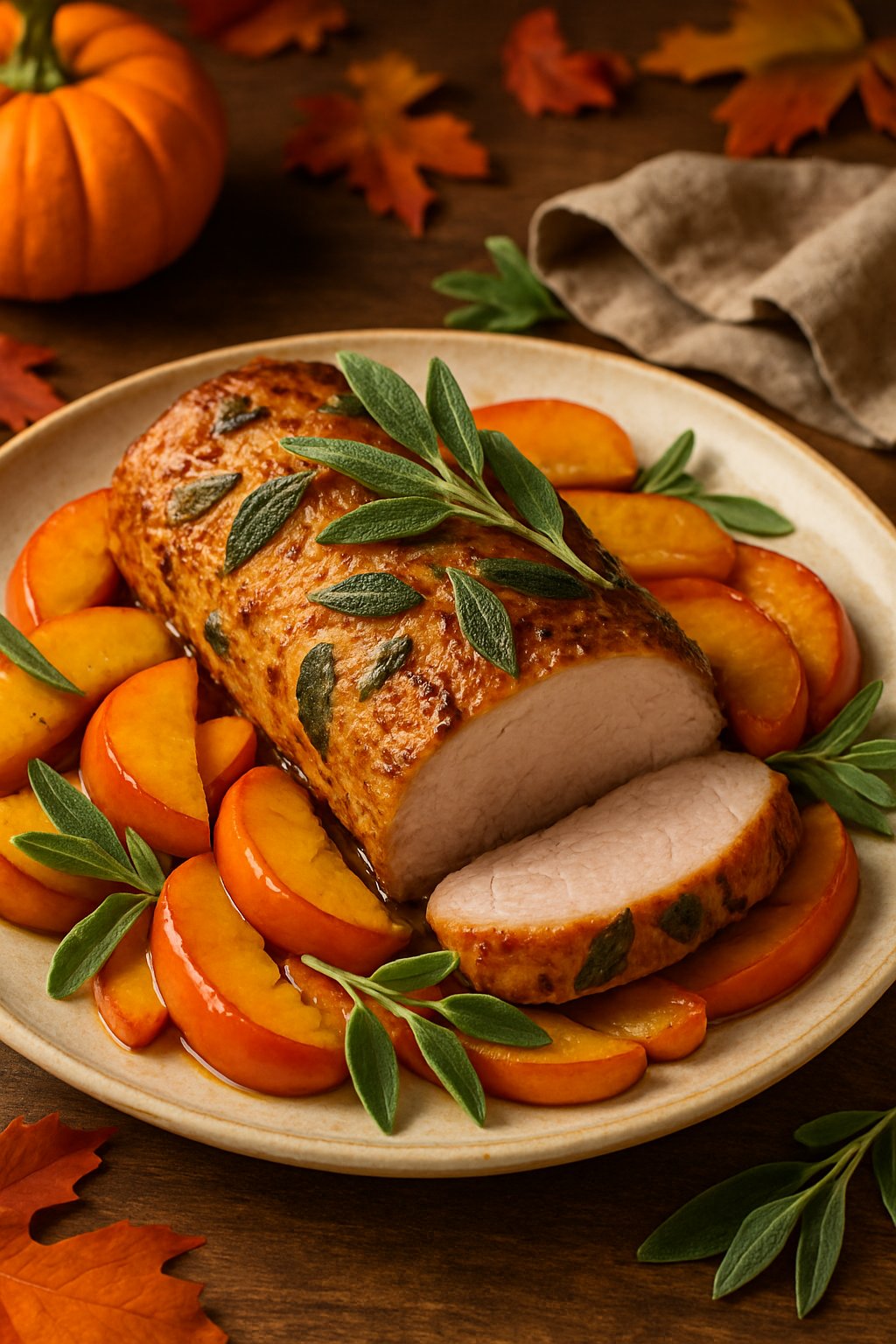 A plated pork tenderloin roasted with sage and apple slices on a wooden table with autumn decorations.