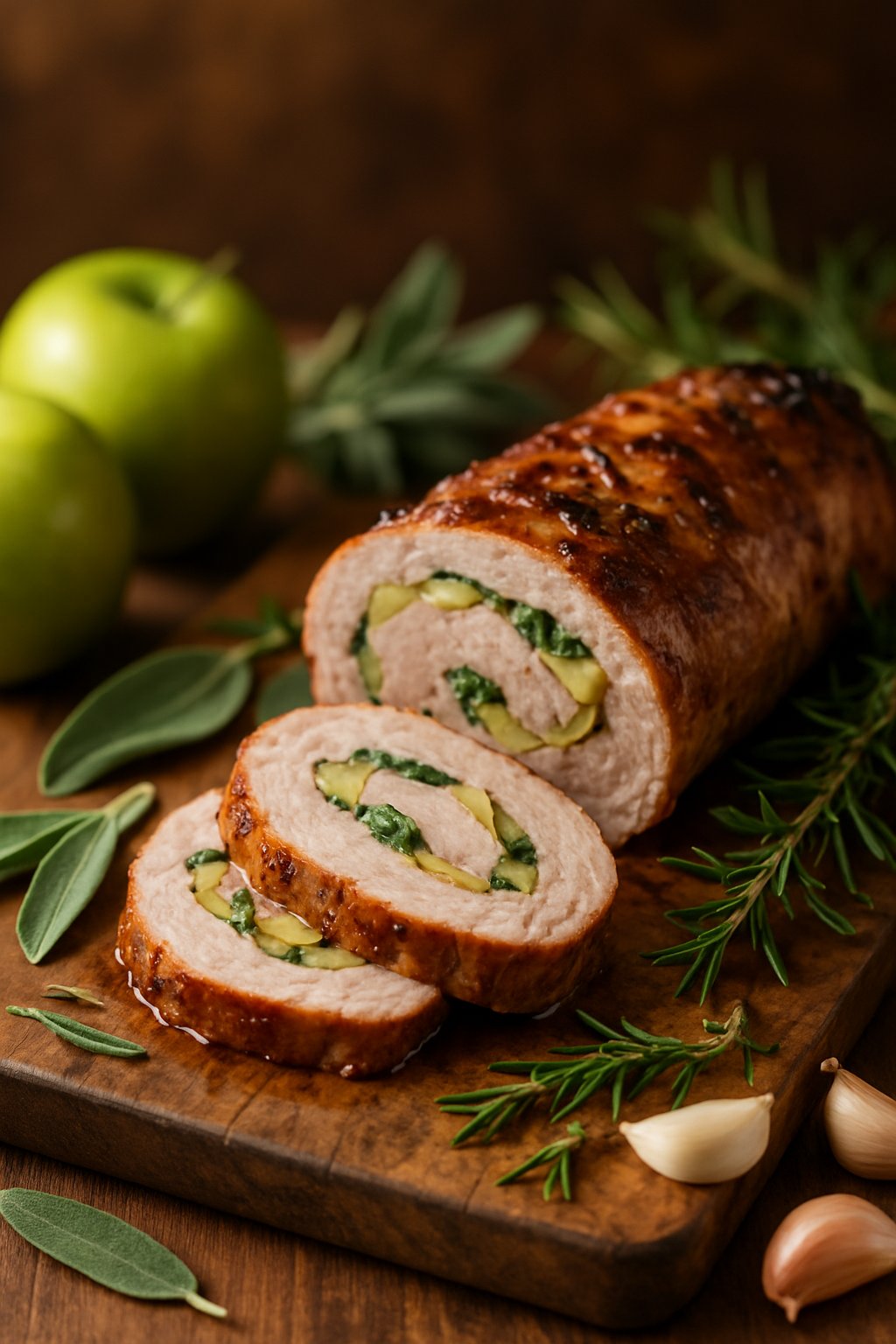 Sliced pork tenderloin stuffed with sage and apple on a wooden cutting board surrounded by fresh sage leaves, green apples, and garlic cloves.