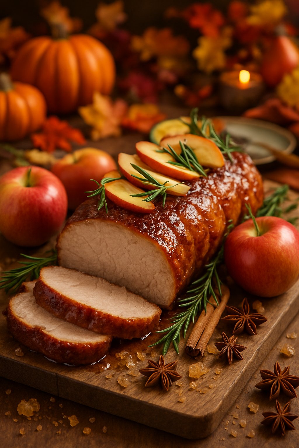 A roasted pork tenderloin glazed with brown sugar and topped with apple slices and rosemary on a wooden board surrounded by apples and autumn decorations.