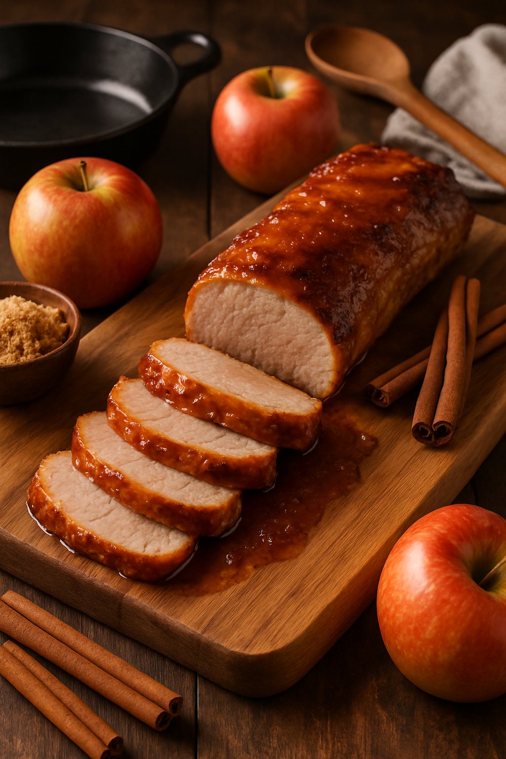 Sliced pork tenderloin glazed with brown sugar and apple sauce on a wooden cutting board surrounded by fresh apples and cinnamon sticks in a kitchen setting.