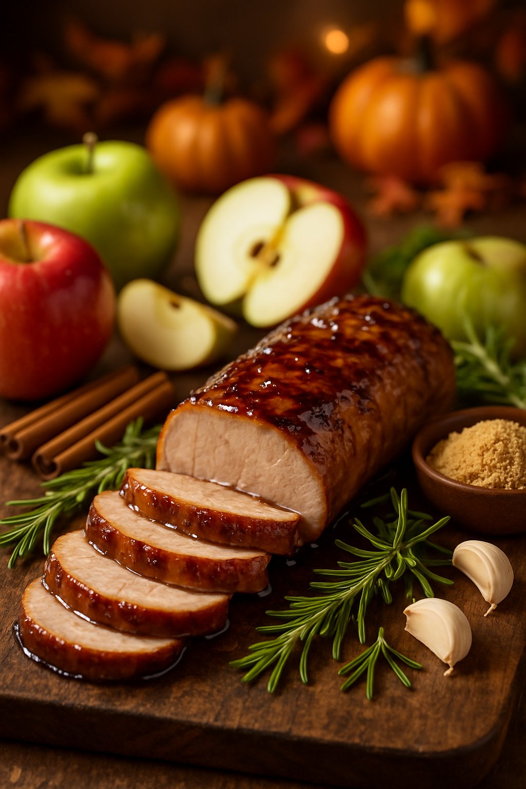 Sliced pork tenderloin glazed with brown sugar and apple sauce on a wooden cutting board surrounded by apples, cinnamon sticks, brown sugar, rosemary, and garlic in a kitchen setting.