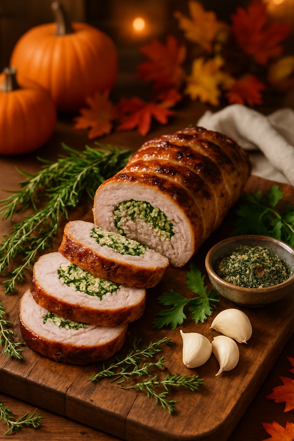 Sliced pork tenderloin stuffed with herbs and garlic on a wooden cutting board, surrounded by fresh herbs and garlic cloves with autumn decorations in the background.