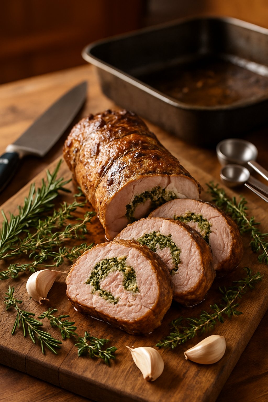 Sliced herb and garlic stuffed pork tenderloin on a wooden cutting board with fresh herbs and cooking utensils nearby.