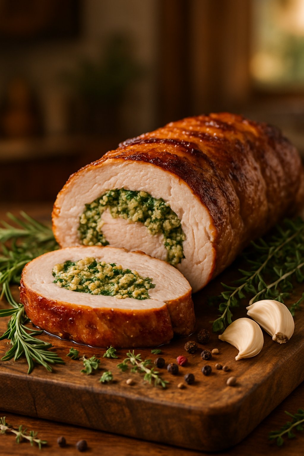 Sliced pork tenderloin stuffed with herbs and garlic on a wooden cutting board, surrounded by fresh herbs and garlic cloves.