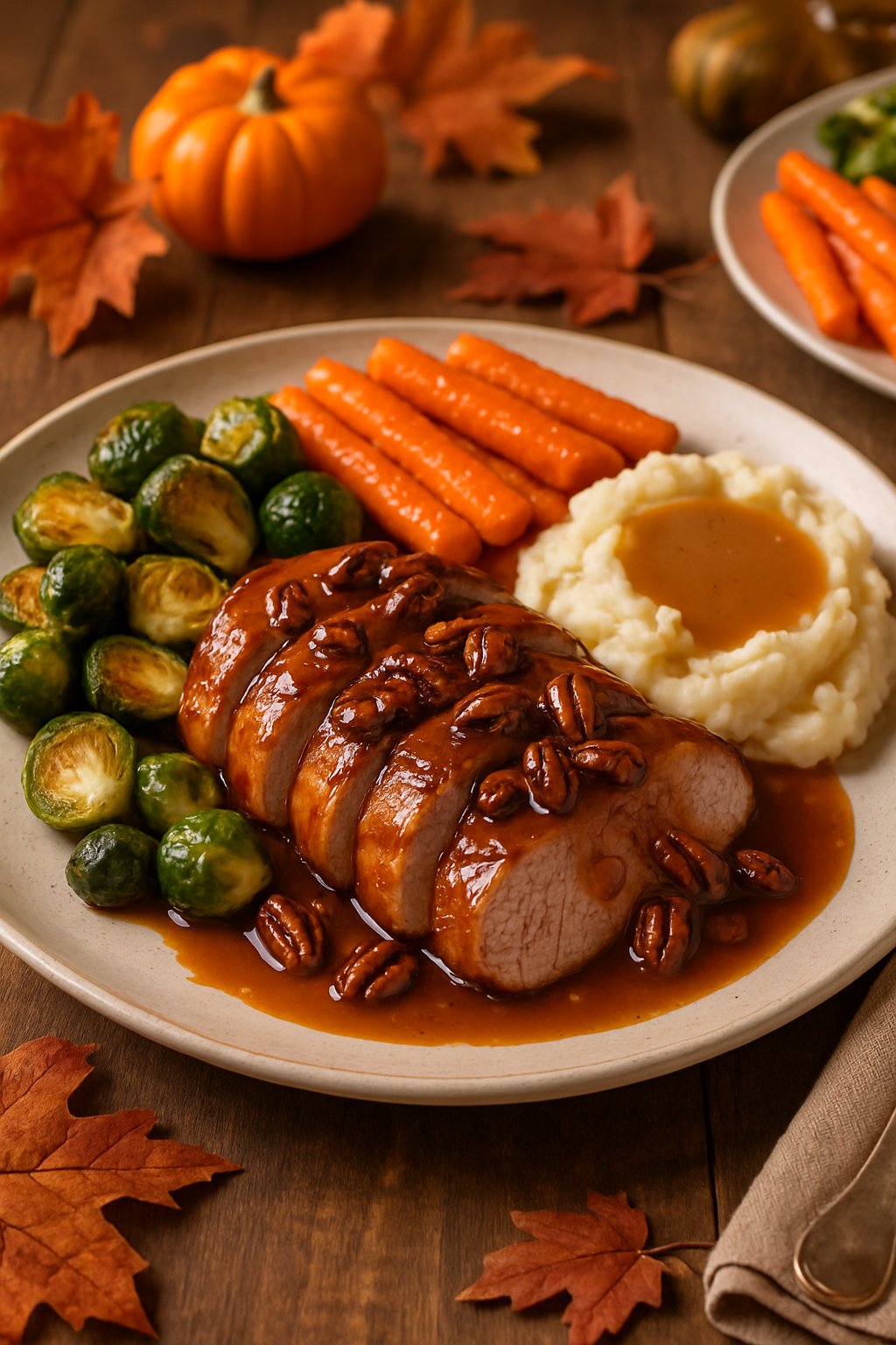 A plated Thanksgiving meal with sliced maple pecan pork tenderloin, roasted vegetables, and mashed potatoes on a wooden table with autumn decorations.
