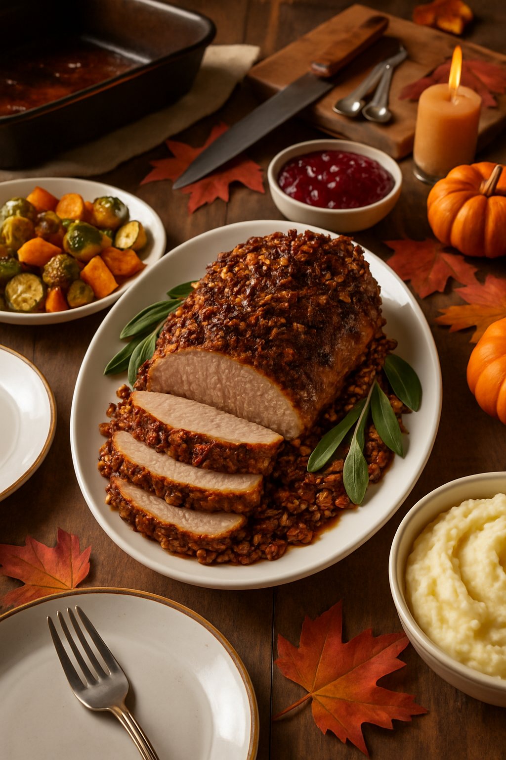 A sliced maple pecan pork tenderloin served with roasted vegetables and mashed potatoes on a wooden table with cooking equipment in the background.