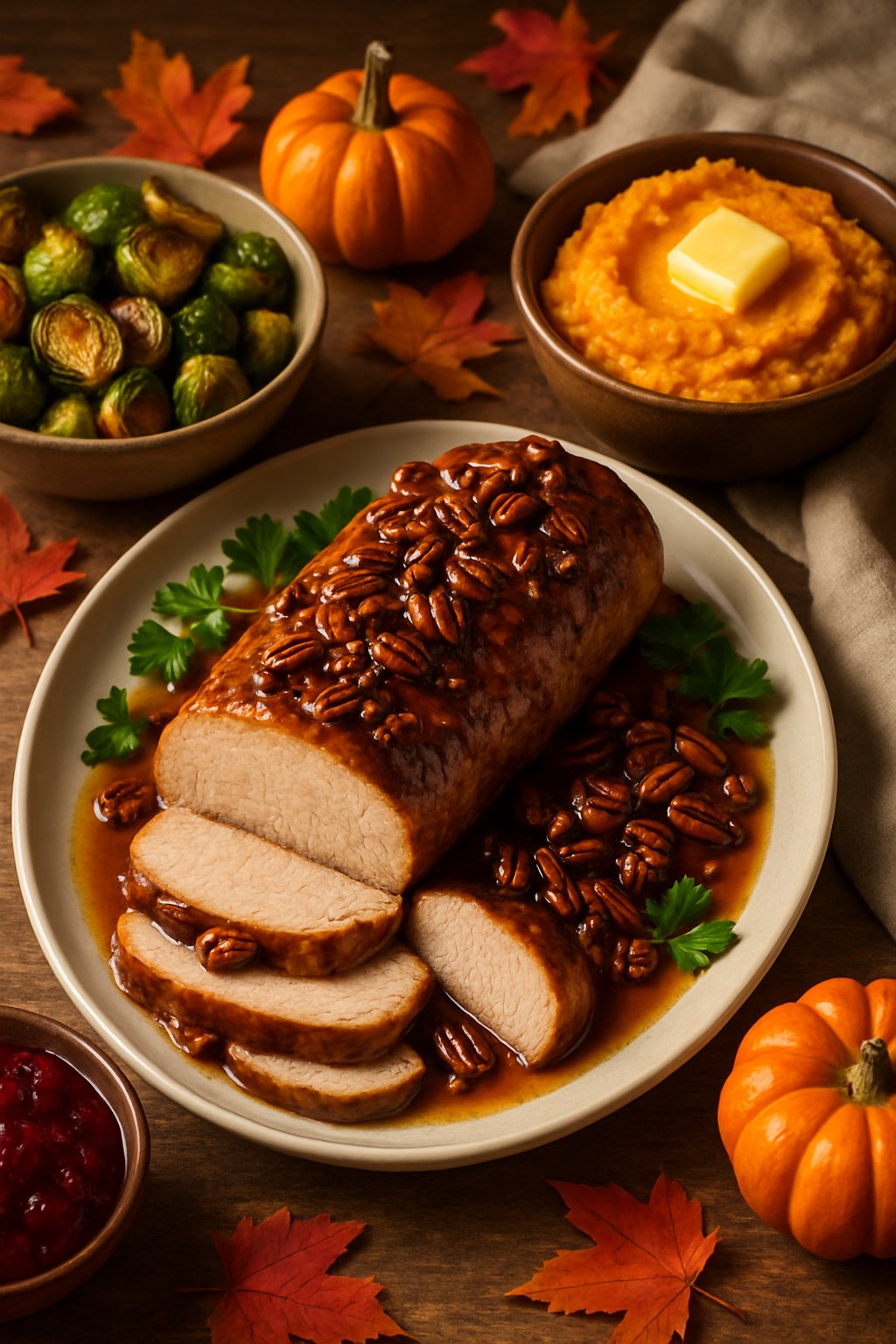 A Thanksgiving meal with maple pecan pork tenderloin surrounded by roasted vegetables and cranberry sauce on a wooden table with autumn decorations.