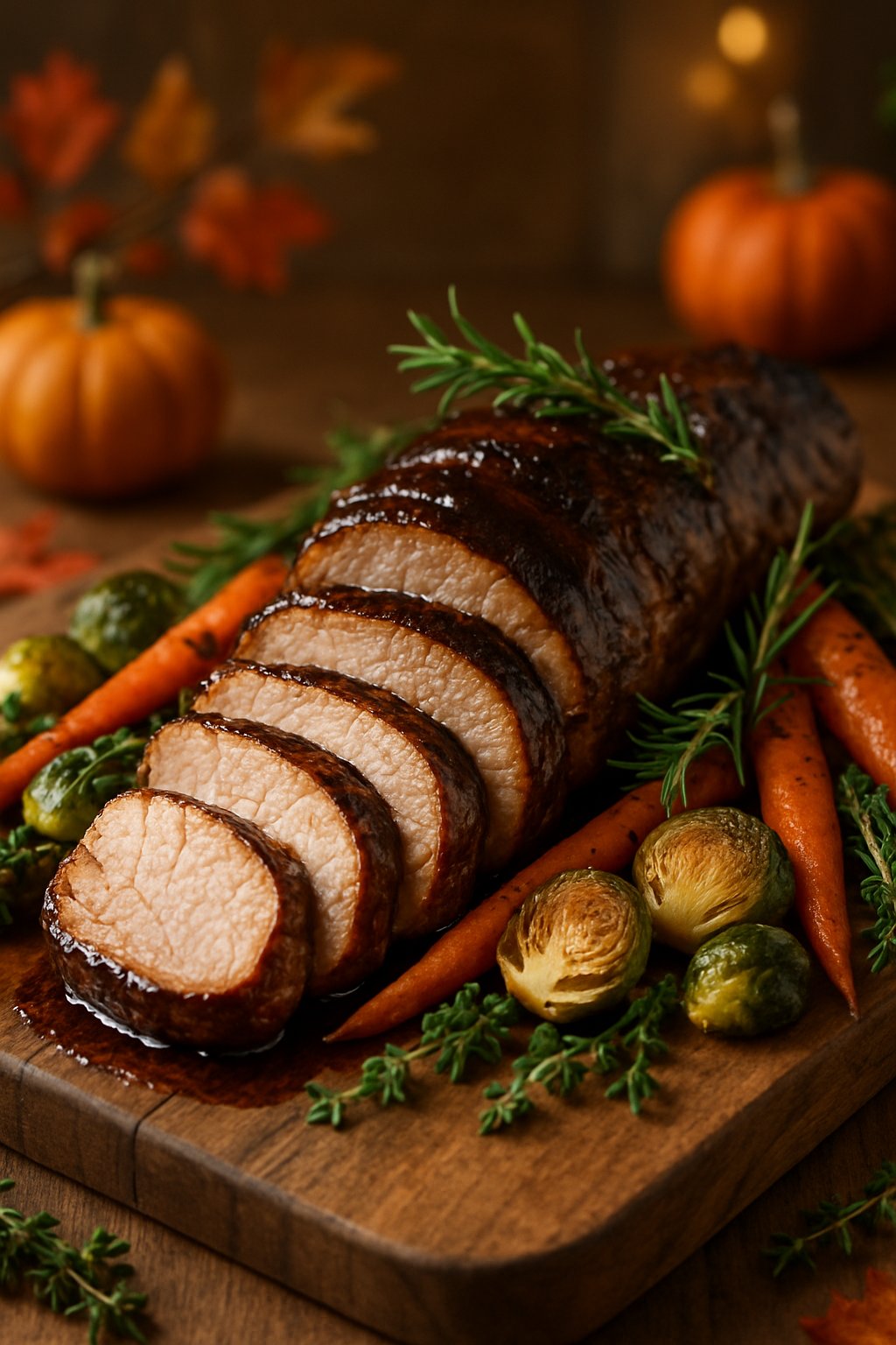 Sliced balsamic roasted pork tenderloin on a wooden board with roasted vegetables and fresh herbs, set in a warm kitchen with autumn decorations.