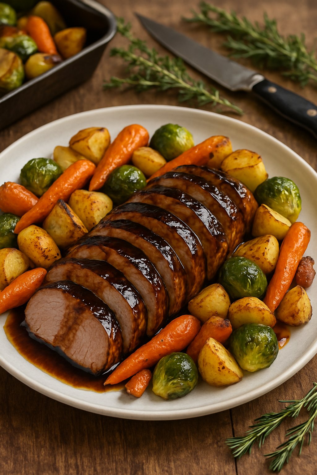 A plated balsamic roasted pork tenderloin with roasted vegetables on a wooden table and kitchen equipment in the background.