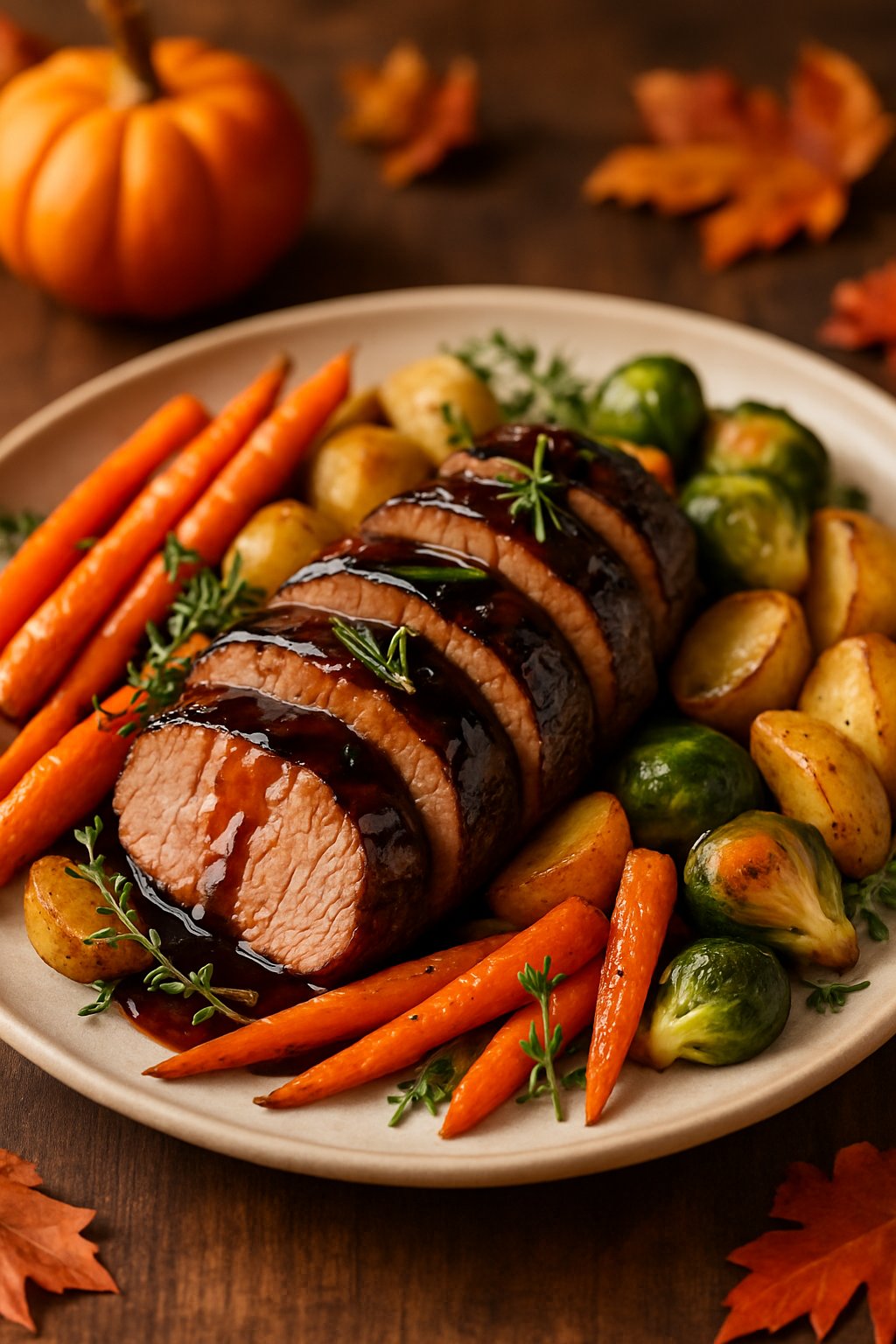 A plate of sliced balsamic roasted pork tenderloin with roasted vegetables and fresh herbs on a wooden table with autumn decorations.