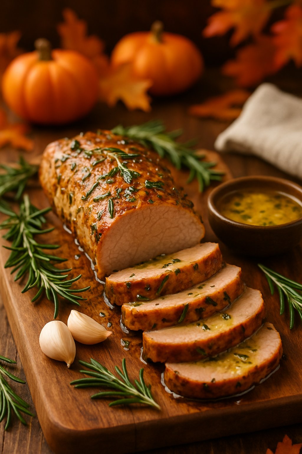 Sliced pork tenderloin seasoned with rosemary and garlic butter on a wooden cutting board with garlic cloves and rosemary sprigs nearby.