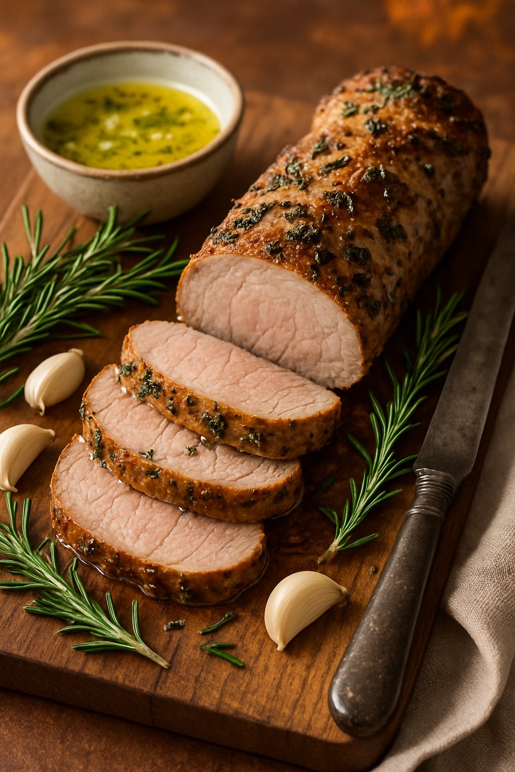 Sliced pork tenderloin on a wooden cutting board with rosemary sprigs, garlic cloves, and a bowl of melted garlic butter.