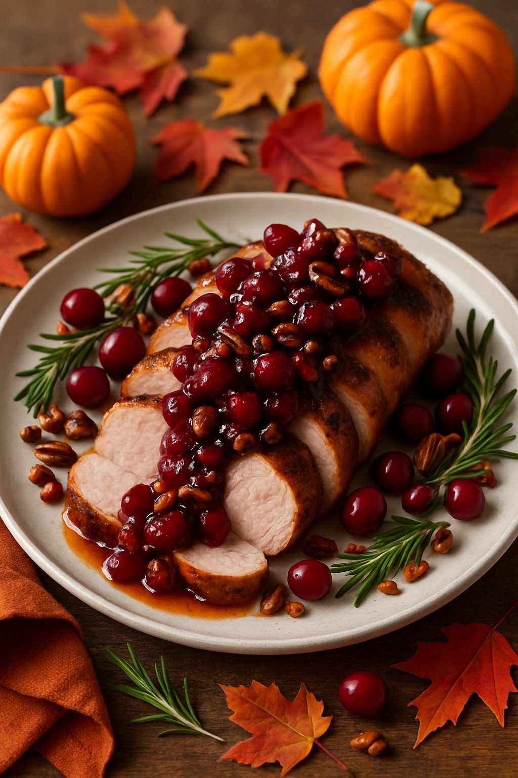 A plate of sliced pork tenderloin topped with cranberry and pecan sauce, surrounded by autumn decorations on a wooden table.
