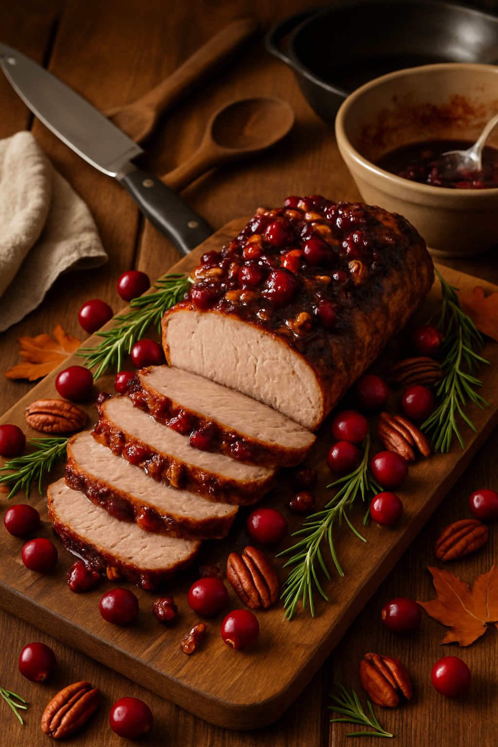 Sliced pork tenderloin with cranberry and pecan sauce on a wooden board surrounded by fresh cranberries, pecans, rosemary, and kitchen utensils on a wooden table.