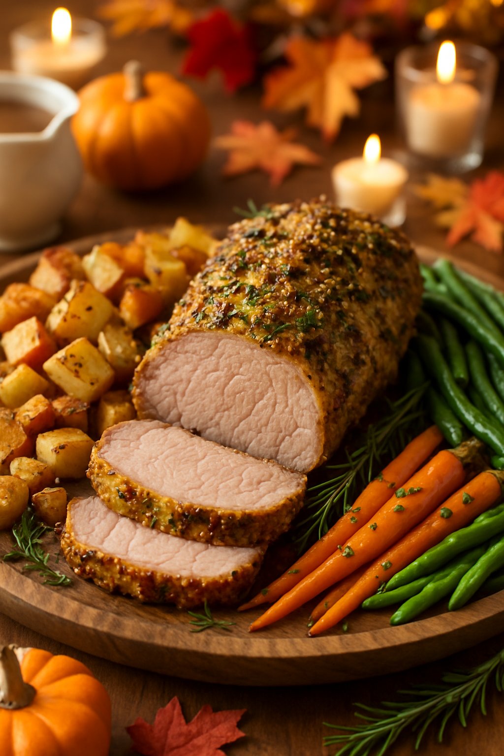Sliced mustard and herb crusted pork tenderloin on a wooden board surrounded by roasted vegetables and autumn decorations on a Thanksgiving table.