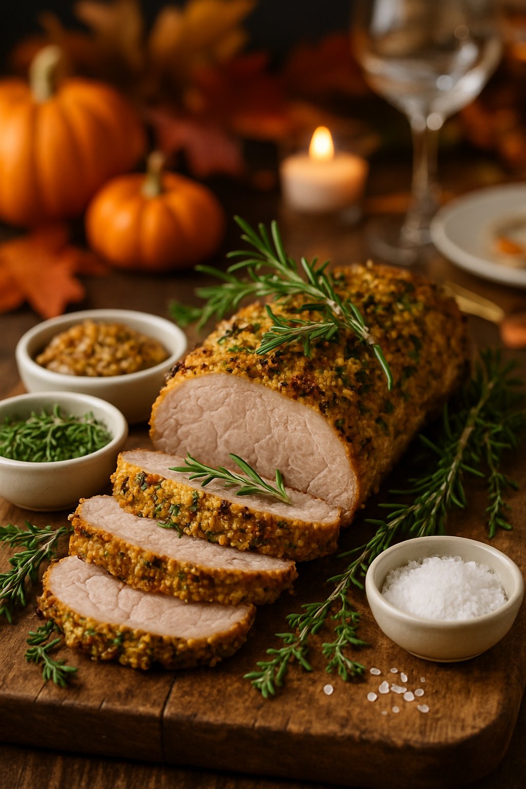 Sliced mustard and herb crusted pork tenderloin on a wooden board with fresh herbs and mustard bowls, surrounded by autumn decorations.