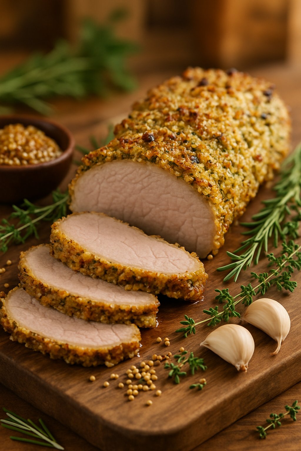 Sliced mustard and herb crusted pork tenderloin on a wooden cutting board with fresh herbs and mustard seeds around it.