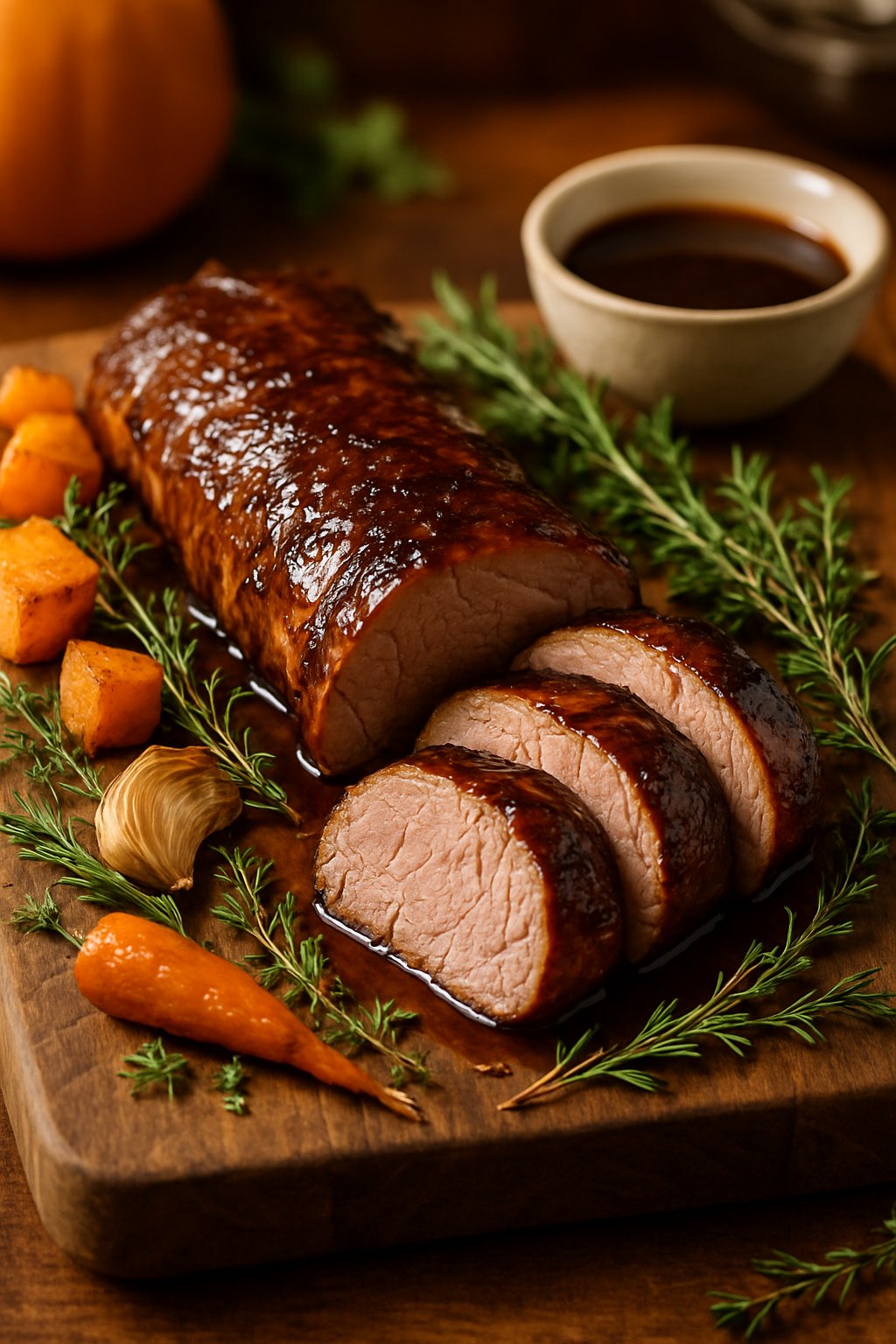Sliced bourbon glazed pork tenderloin on a wooden board with roasted vegetables and fresh herbs.