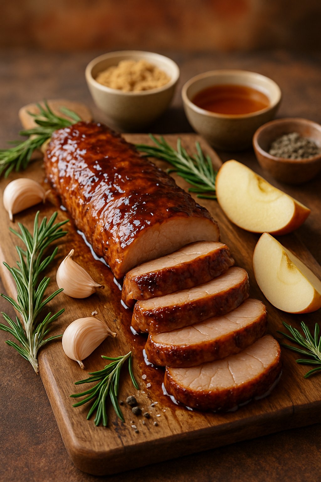 Sliced bourbon glazed pork tenderloin on a wooden cutting board with fresh rosemary, garlic, apples, and small bowls of spices and bourbon.