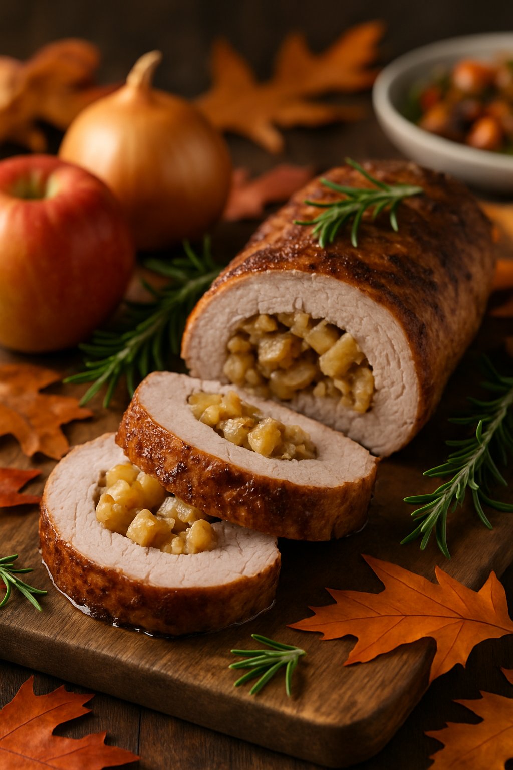Sliced pork tenderloin stuffed with apples and onions on a wooden board with fresh apples, onions, and rosemary around it.