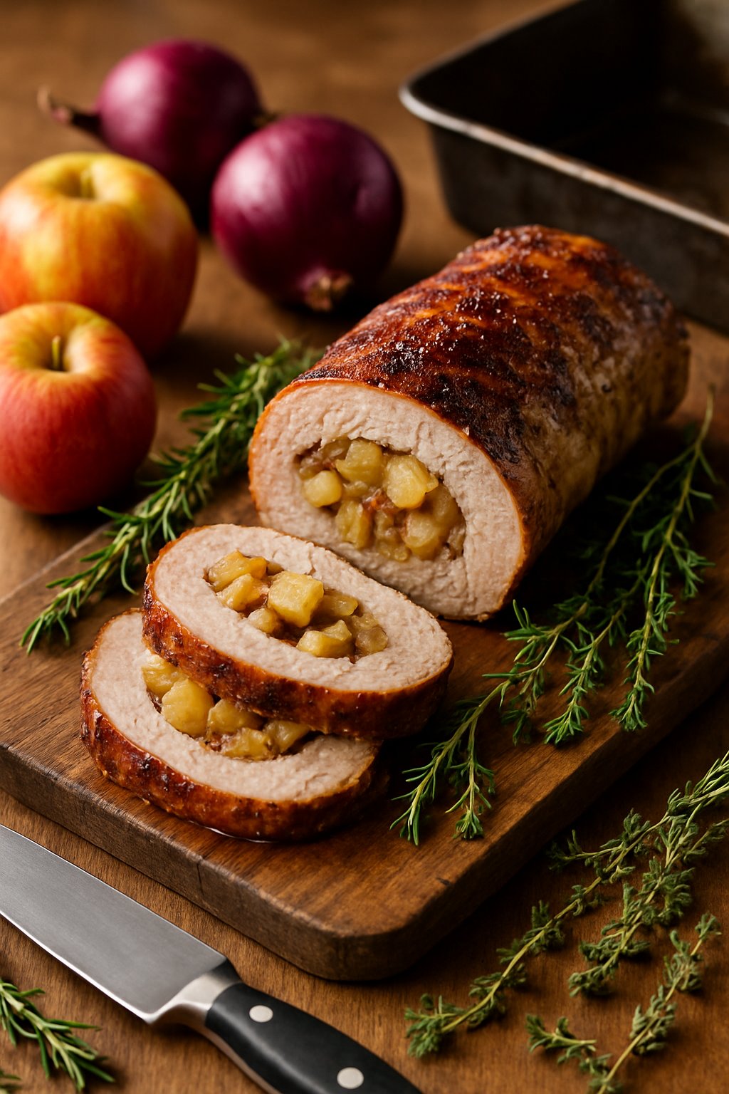 Sliced pork tenderloin stuffed with apples and onions on a wooden cutting board surrounded by fresh apples, onions, herbs, and kitchen utensils.