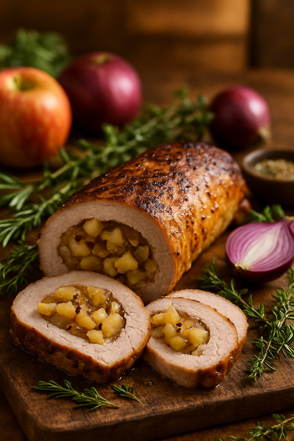 Sliced pork tenderloin stuffed with apples and onions on a wooden cutting board, surrounded by fresh apples, onions, and herbs.