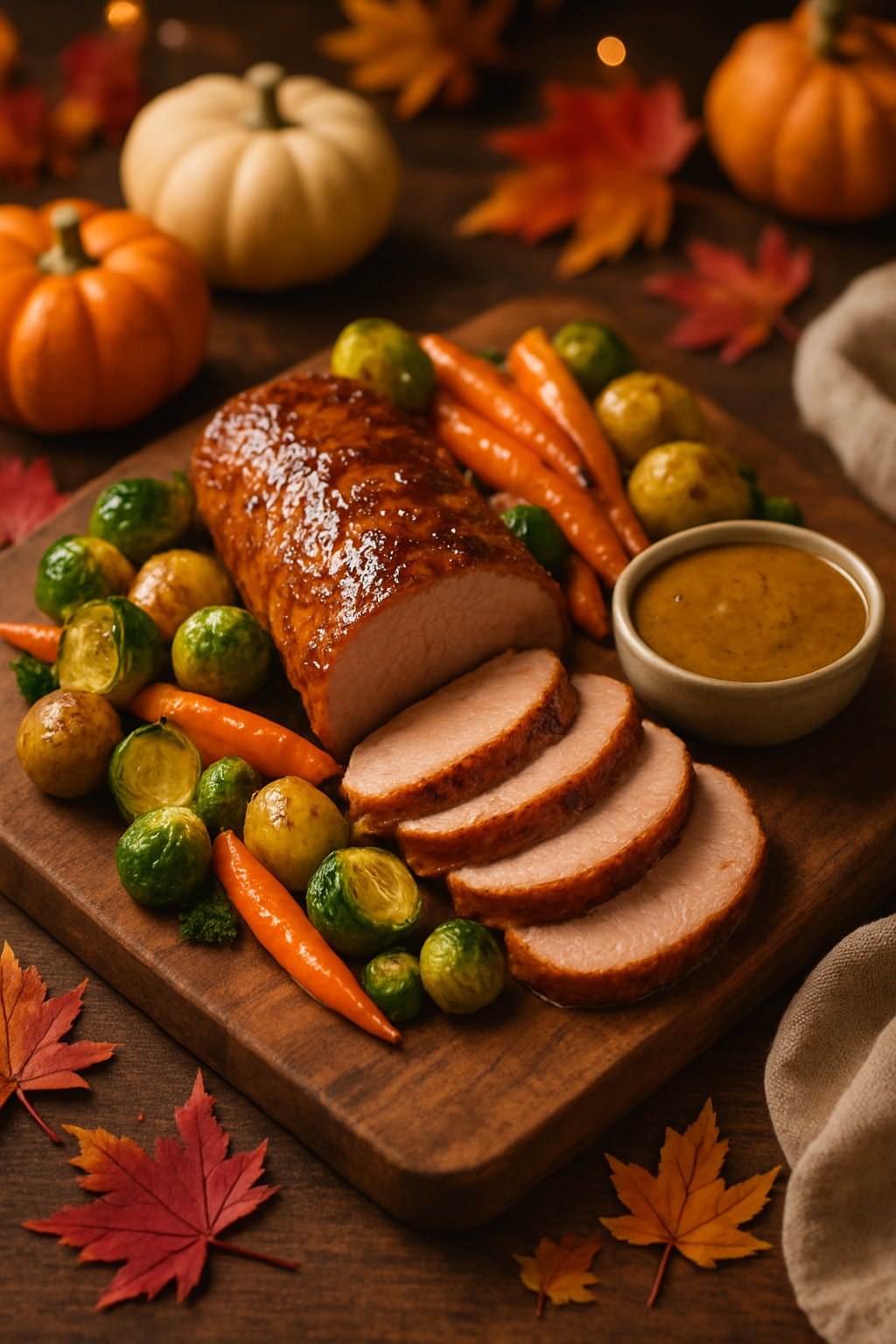 Sliced pork tenderloin with maple Dijon glaze on a wooden board surrounded by roasted vegetables and autumn decorations.