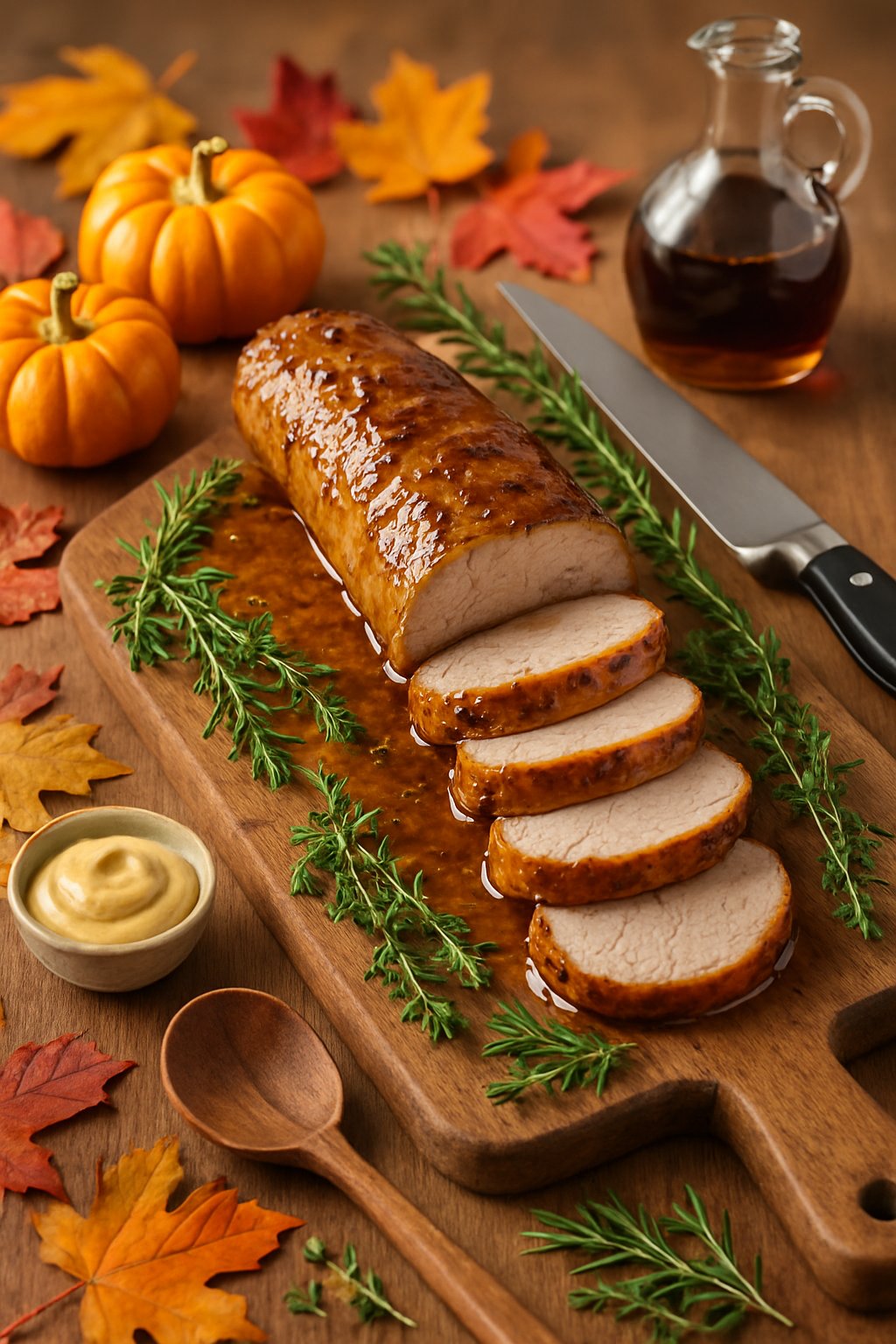 Sliced pork tenderloin with maple Dijon sauce on a wooden cutting board surrounded by fall decorations and kitchen utensils.
