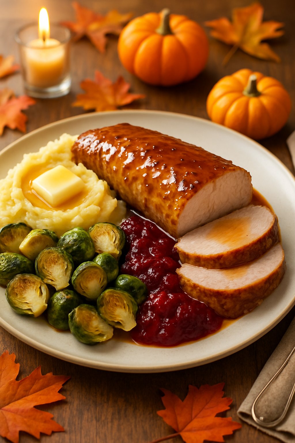 A plated Thanksgiving meal with sliced maple Dijon pork tenderloin, roasted Brussels sprouts, mashed potatoes, and cranberry sauce on a wooden table with autumn decorations.
