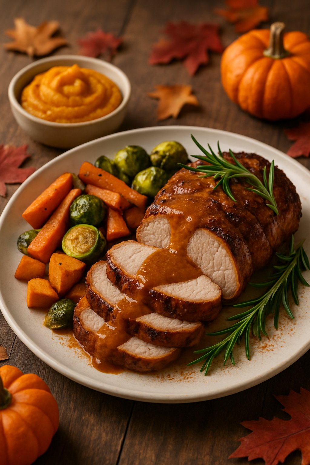 A plated roasted pork tenderloin with spiced pumpkin sauce, surrounded by roasted autumn vegetables on a wooden table with fall decorations.