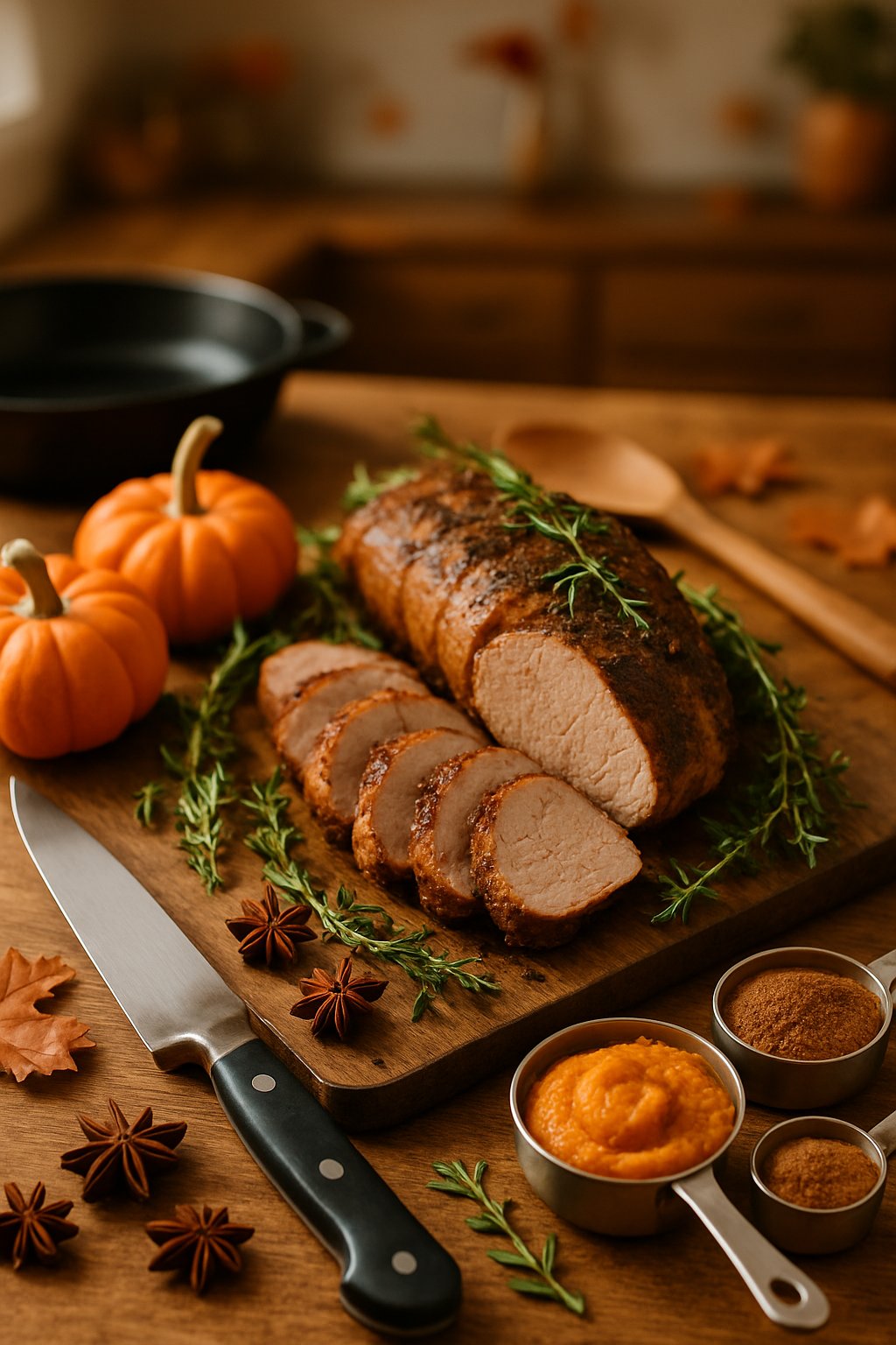 Sliced spiced pumpkin pork tenderloin on a wooden board surrounded by pumpkins, herbs, spices, and kitchen tools on a wooden countertop.