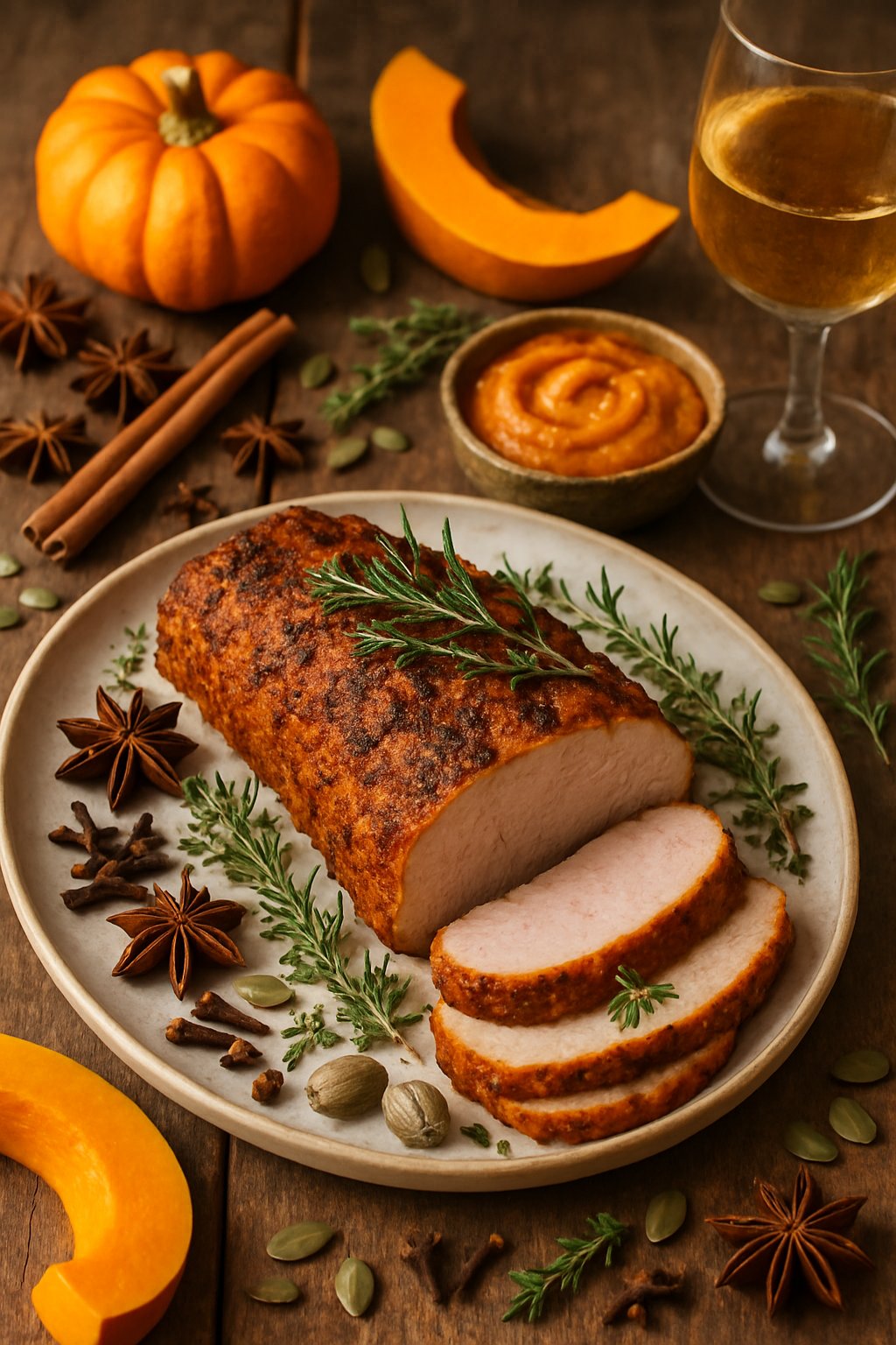 A sliced roasted pork tenderloin seasoned with pumpkin spices on a wooden table surrounded by autumn spices and small pumpkins.