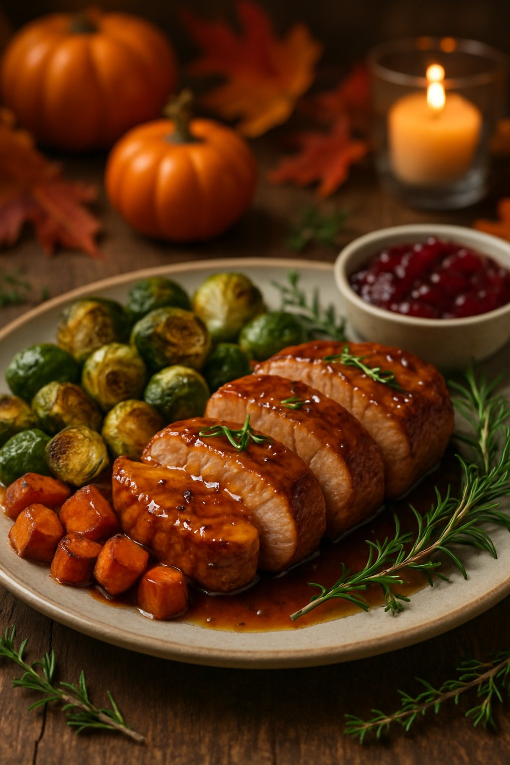 A plate of sliced honey garlic pork tenderloin with roasted vegetables and cranberry sauce on a wooden table decorated with autumn leaves and pumpkins.