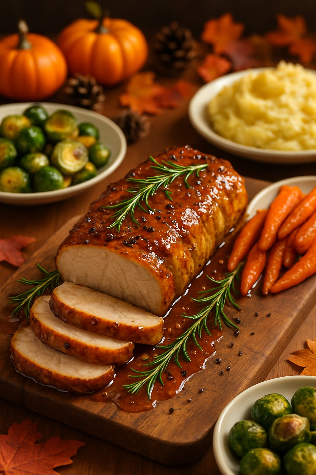 A glazed honey garlic pork tenderloin on a wooden board surrounded by roasted vegetables and autumn decorations.