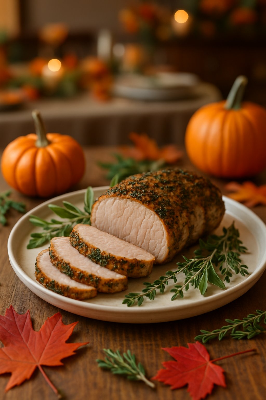 A sliced pork tenderloin seasoned with sage and thyme on a plate, surrounded by autumn decorations on a wooden table.