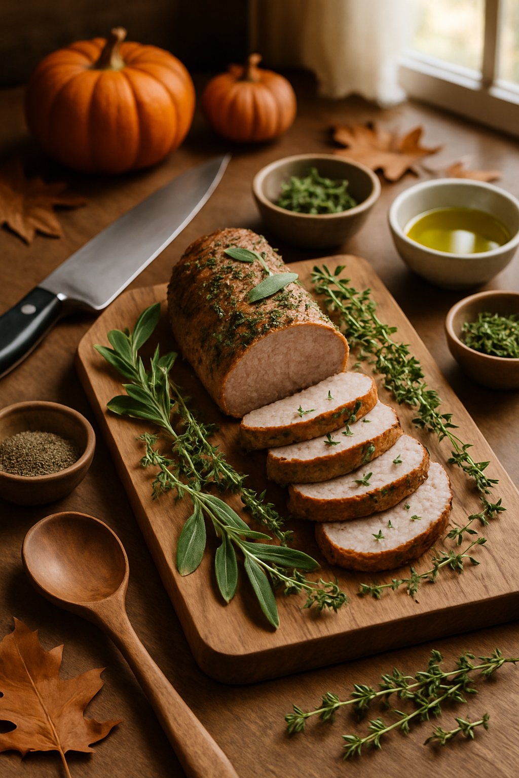 A sliced pork tenderloin garnished with fresh sage and thyme on a wooden cutting board surrounded by cooking utensils and autumn decorations.