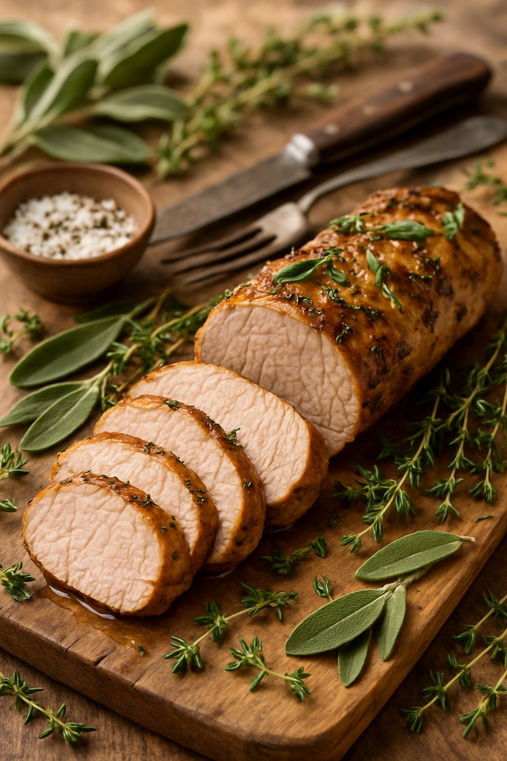 Sliced pork tenderloin garnished with fresh sage and thyme on a wooden cutting board with herbs and seasoning nearby.