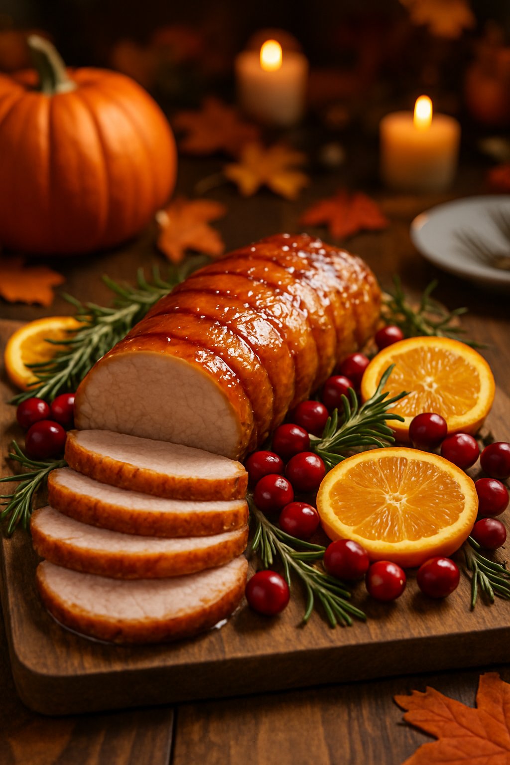 Sliced orange glazed pork tenderloin on a wooden cutting board with seasonal garnishes and autumn decorations in the background.