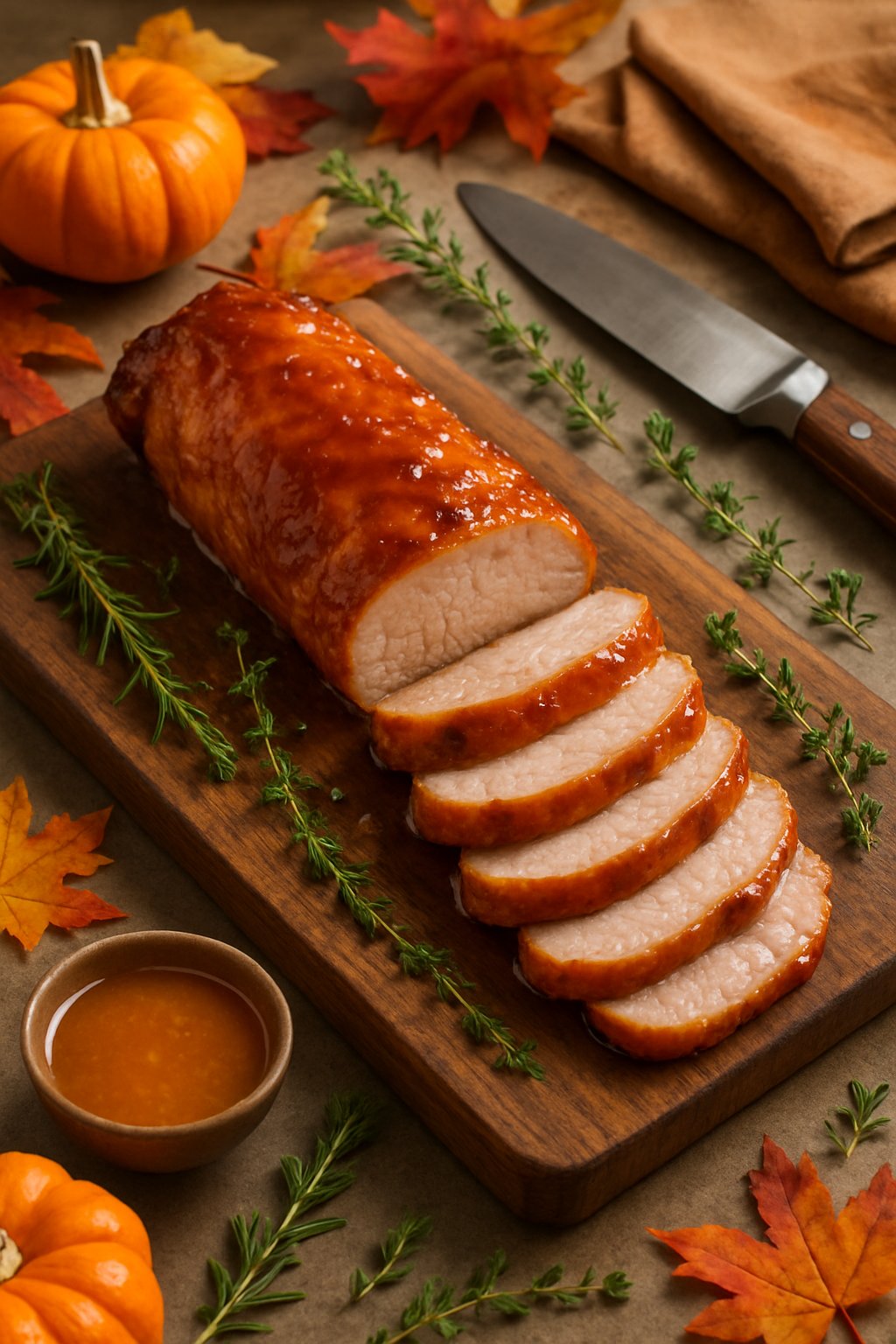Sliced orange glazed pork tenderloin on a wooden cutting board with autumn decorations and kitchen tools nearby.
