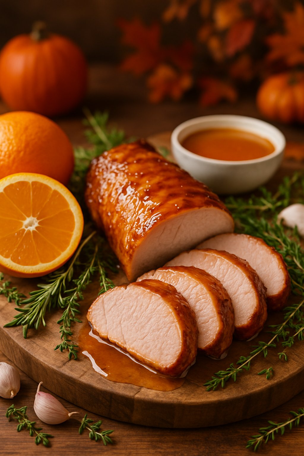 Sliced orange glazed pork tenderloin on a wooden cutting board surrounded by fresh oranges, herbs, and garlic in a warm kitchen setting.