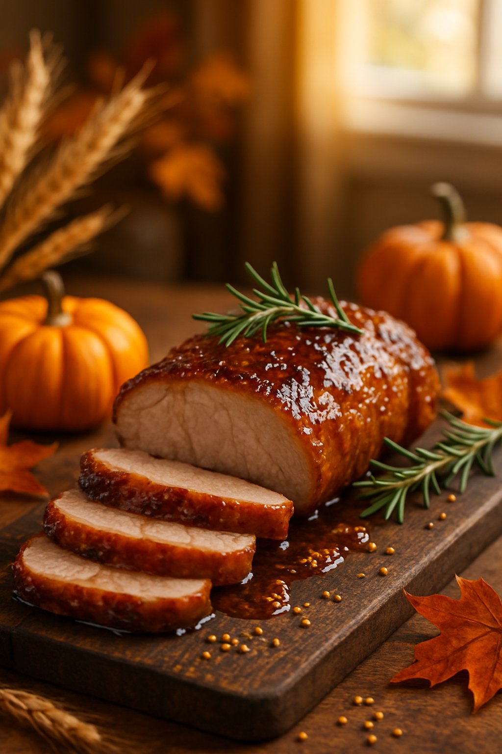 Sliced pork tenderloin glazed with brown sugar and mustard sauce on a wooden cutting board, garnished with rosemary and surrounded by autumn decorations.