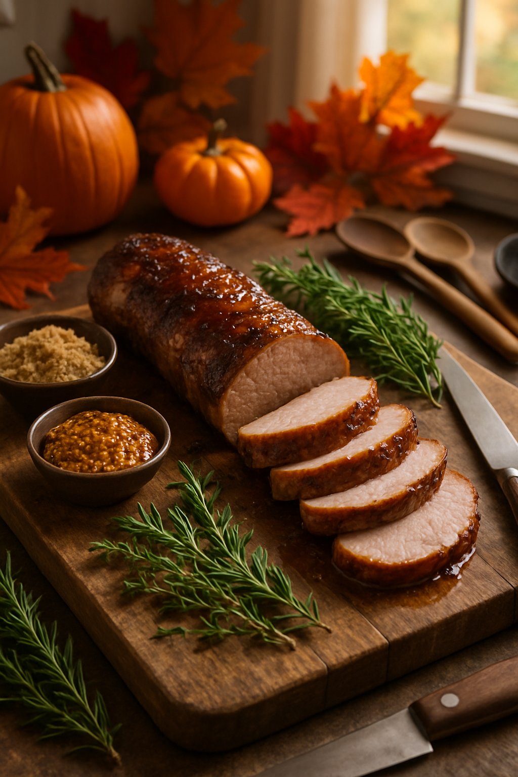 Sliced pork tenderloin glazed with brown sugar and mustard on a wooden cutting board surrounded by bowls of ingredients and autumn decorations.