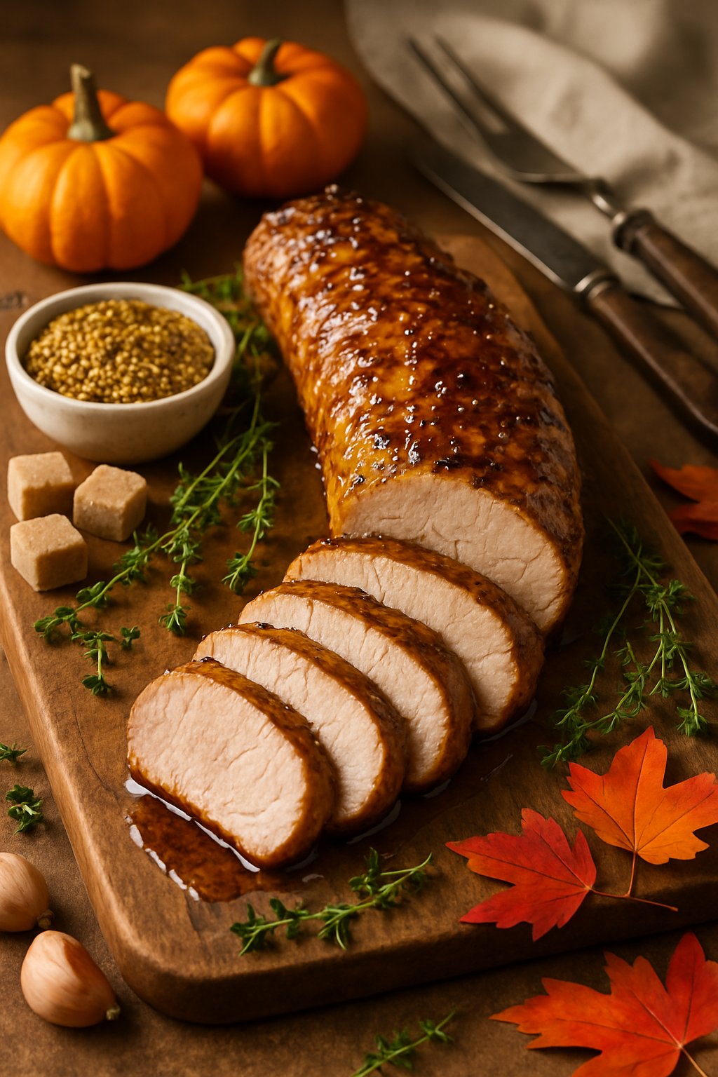 Sliced pork tenderloin glazed with brown sugar and mustard sauce on a wooden cutting board surrounded by brown sugar, mustard, garlic, herbs, and autumn decorations.
