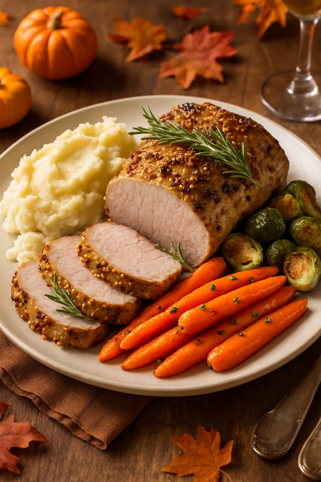A plated Thanksgiving meal with roasted Dijon mustard pork tenderloin, mashed potatoes, roasted Brussels sprouts, and glazed carrots on a wooden table with autumn decorations.