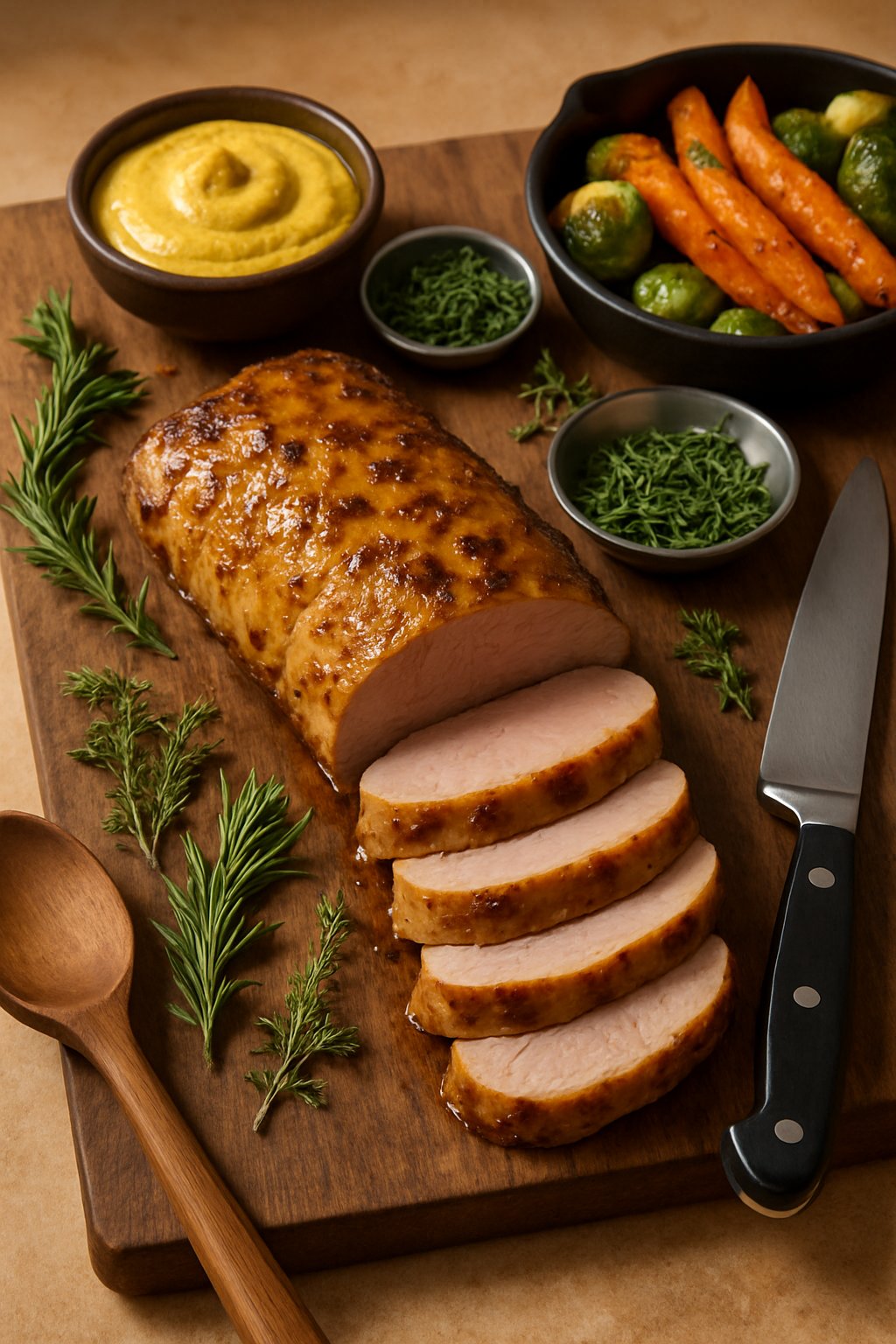 Sliced pork tenderloin glazed with mustard on a cutting board, surrounded by bowls of mustard, herbs, vegetables, and kitchen utensils.