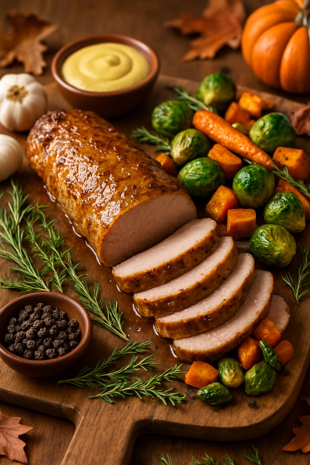 Sliced pork tenderloin glazed with Dijon mustard on a wooden cutting board surrounded by fresh herbs, garlic, mustard, and autumn vegetables on a wooden table.