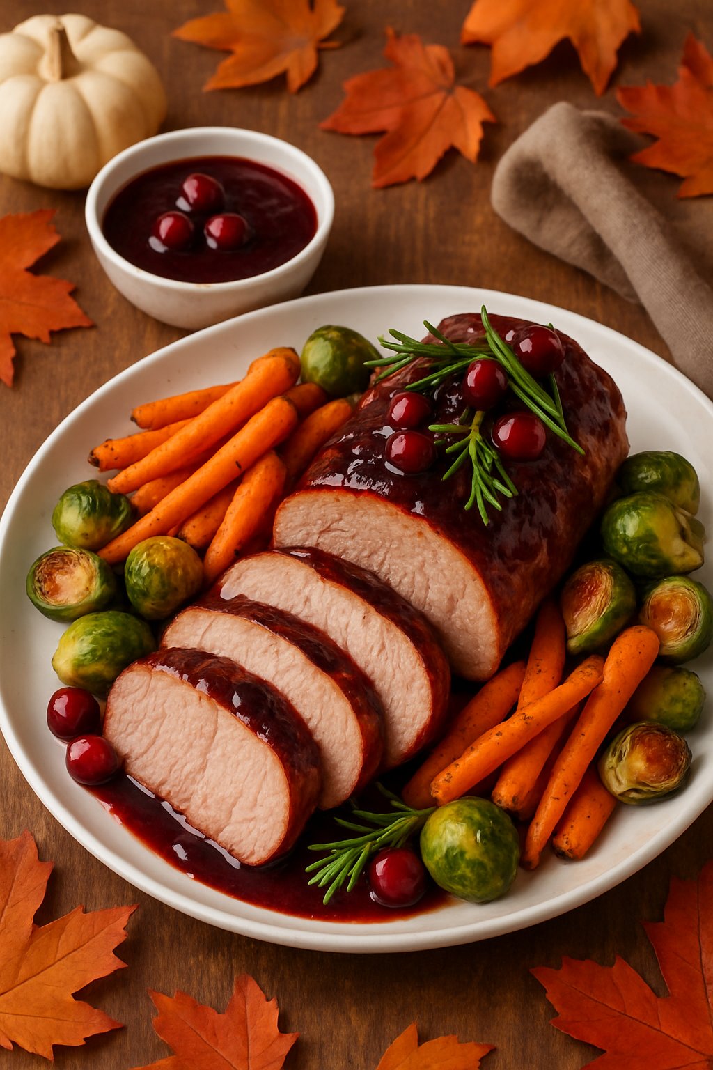 A plated roasted pork tenderloin with cranberry balsamic sauce, garnished with rosemary and cranberries, surrounded by roasted vegetables on a wooden table with autumn decorations.