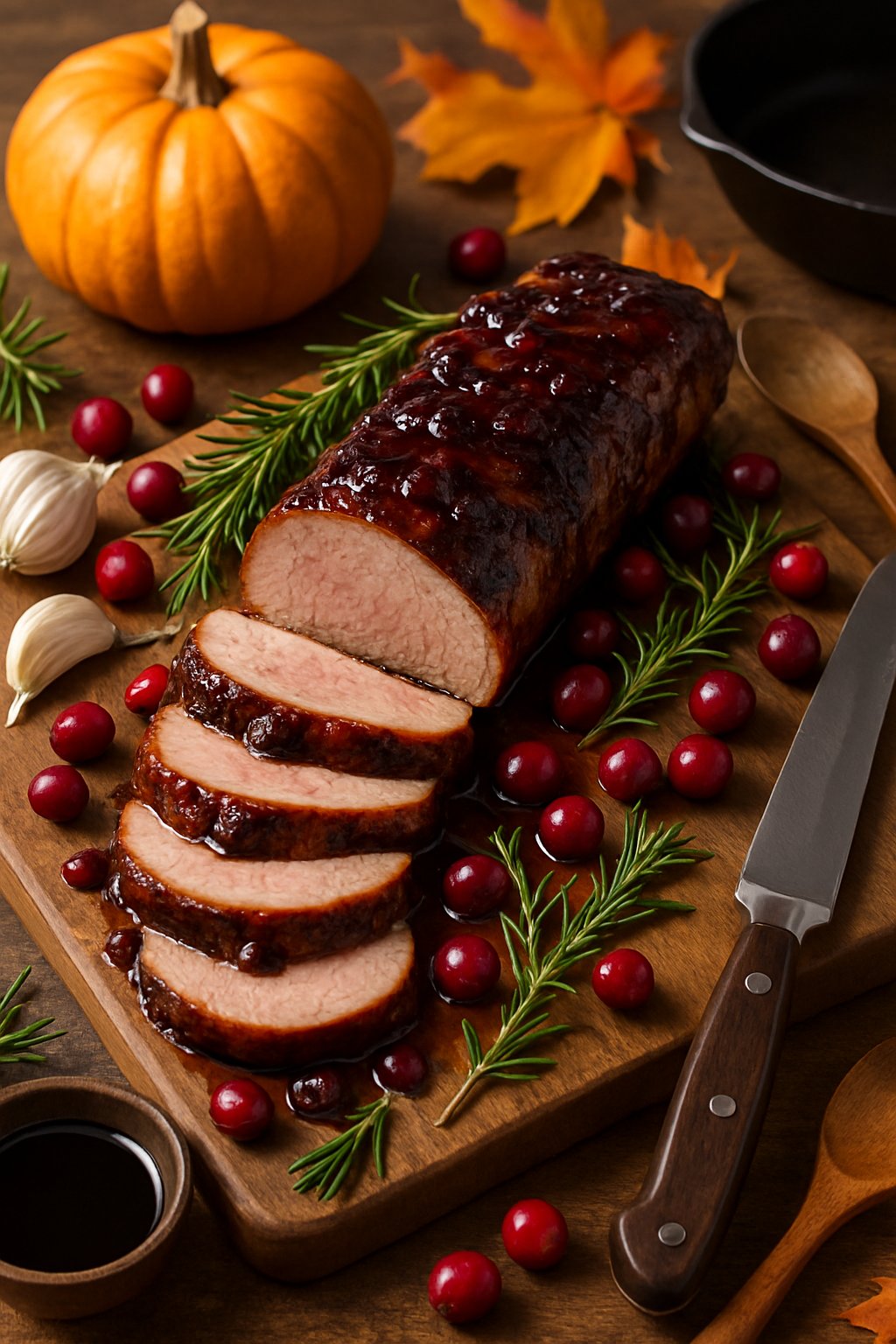 Sliced pork tenderloin glazed with cranberry balsamic sauce on a wooden board surrounded by fresh cranberries, rosemary, garlic, and autumn decorations.